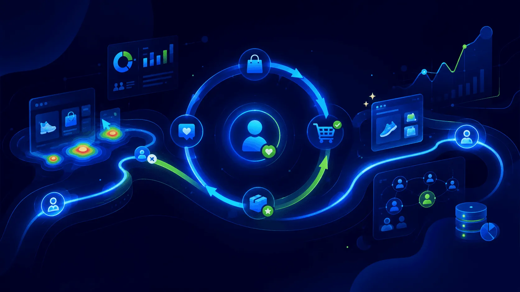 Rastro de navegação de um cliente — páginas vistas, mapa de calor e carrinho — virando um ciclo de recompra.