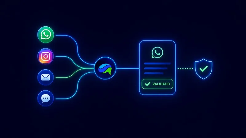 WhatsApp, Instagram, e-mail e SMS convergindo para a Revi, que devolve um template validado com selo de aprovação.